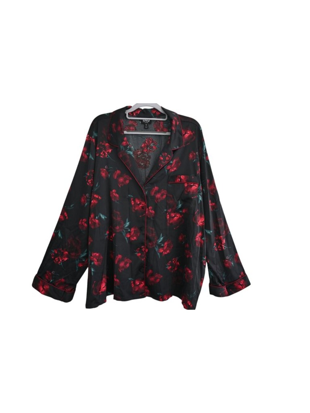 NWOT I.N.C. Satin Sleep Shirt Sz XXL Black Red Floral Button Front Long Sleeves